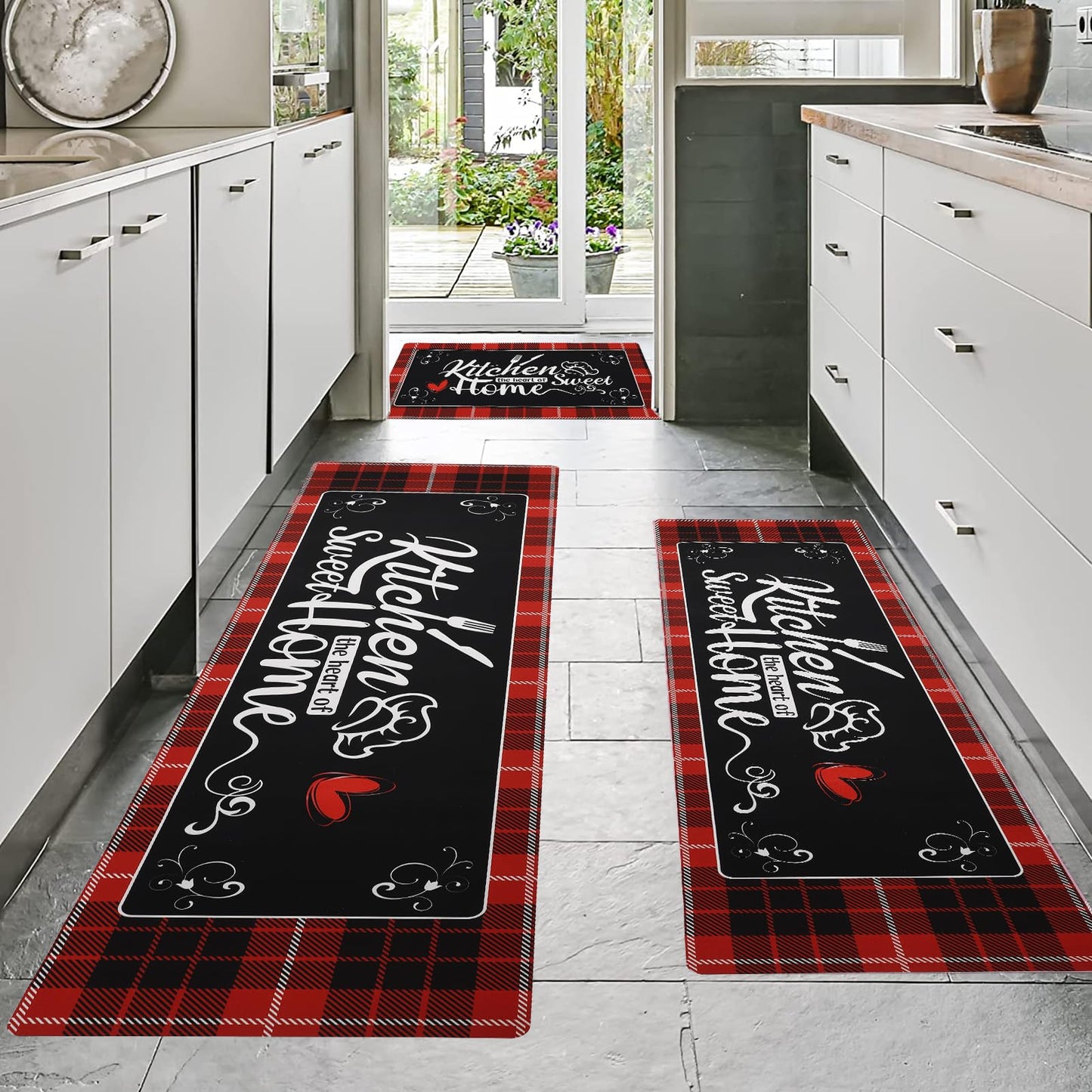 XLHOMO Kitchen Runner Rugs of 3, Red Non Slip Cushioned Kitchen Mat for Floor Waterproof Comfort Mats Farmhouse Chef Mats Floor Carpet