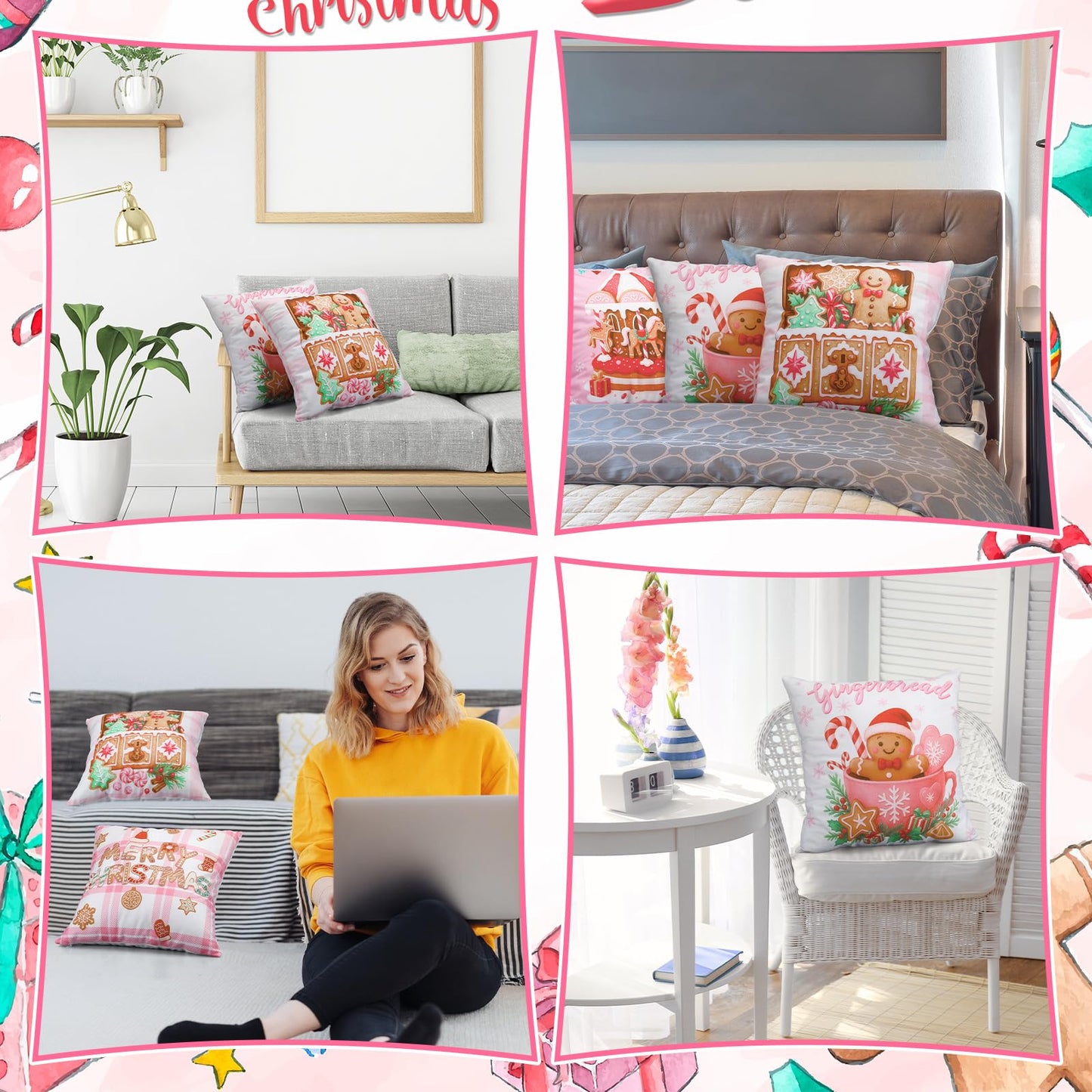 Fanfanwin 6 Pcs Pink Christmas Gingerbread Throw Pillow Covers 18 x 18 Inch Gingerbread House Truck Hot Cocoa Pink Christmas Decorative Pillow Cases for Xmas Sofa Couch Decor(Novel)