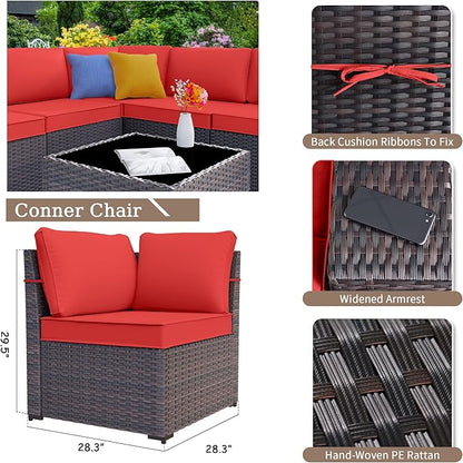 Kurapika 13 Pieces Patio Furniture Set, Rattan Wicker Outdoor Conversation Sets w/43in Propane Fire Pit Table(Red)