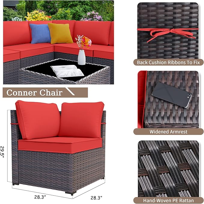 Kurapika 7 Pieces Patio Furniture Set, Rattan Outdoor Conversation Sets w/43in Propane Fire Pit Table and 4 Inch Cushion(Red)