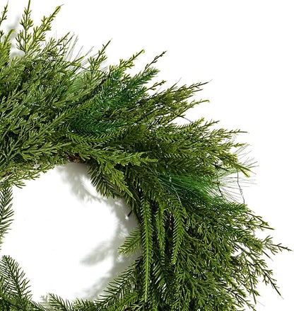 LampLust Winter Wreaths for Front Door Outside, 24 Inch Alpine Fir, Hemlock & Cypress Evergreen Wreath, 100 LED Lights, Battery Powered, Timer, Farmhouse Wreath Year Round, Winter Wreaths for Indoors