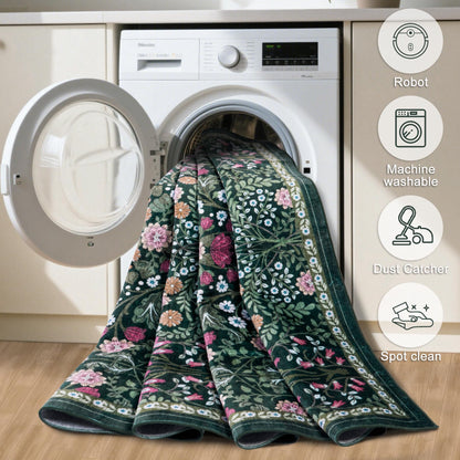 Round Area Rug for Living Room: 6 ft Floral Washable Circle Rug Soft Boho Non-Slip Carpet Indoor Stain Resistant Low Pile Small Circular Rug for Bedroom Entryway Kitchen Nursery Home Office Dark Green