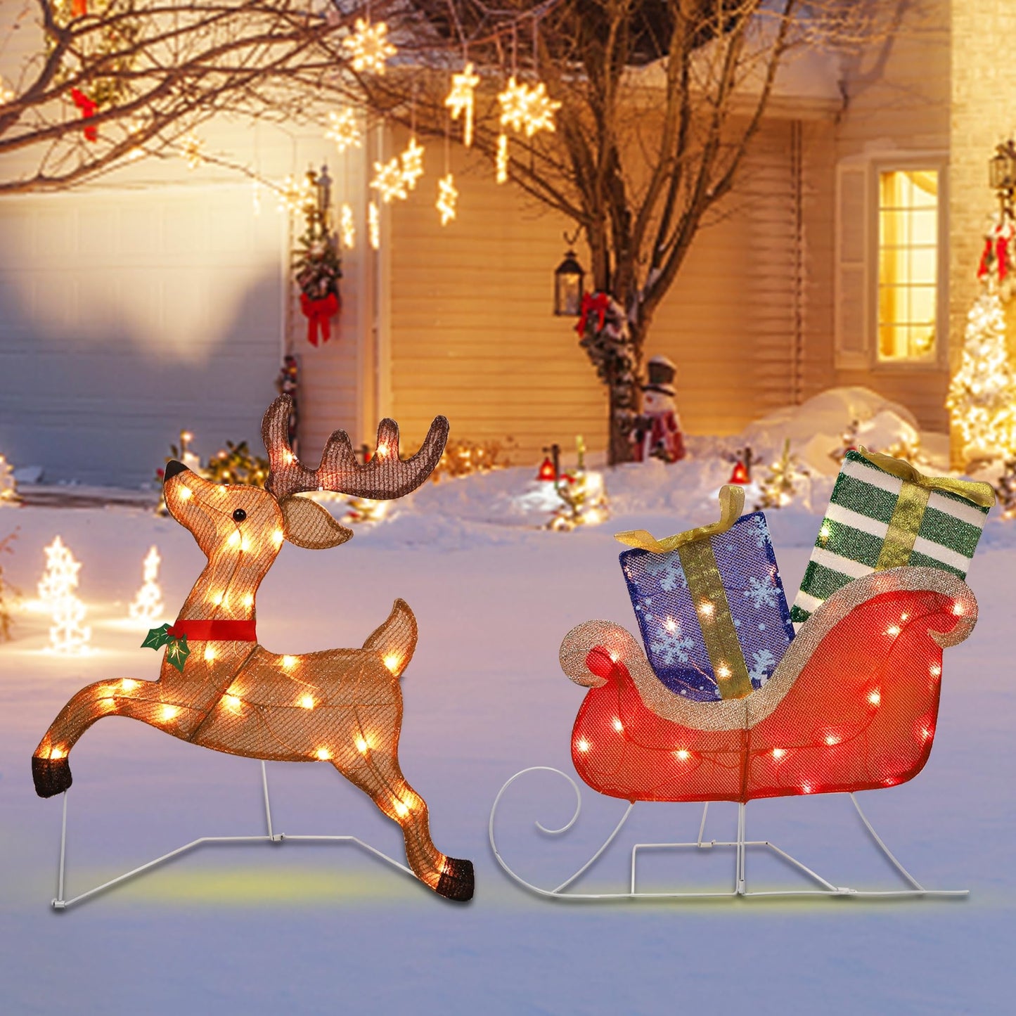 Prsildan Christmas Lighted Decoration 25" x 44" Reindeer, 50 Lights Christmas Reindeer with Sleigh & Gift Boxes, Light up Decorations for Indoor Outdoor Home Kitchen Yard Garden Holiday Party