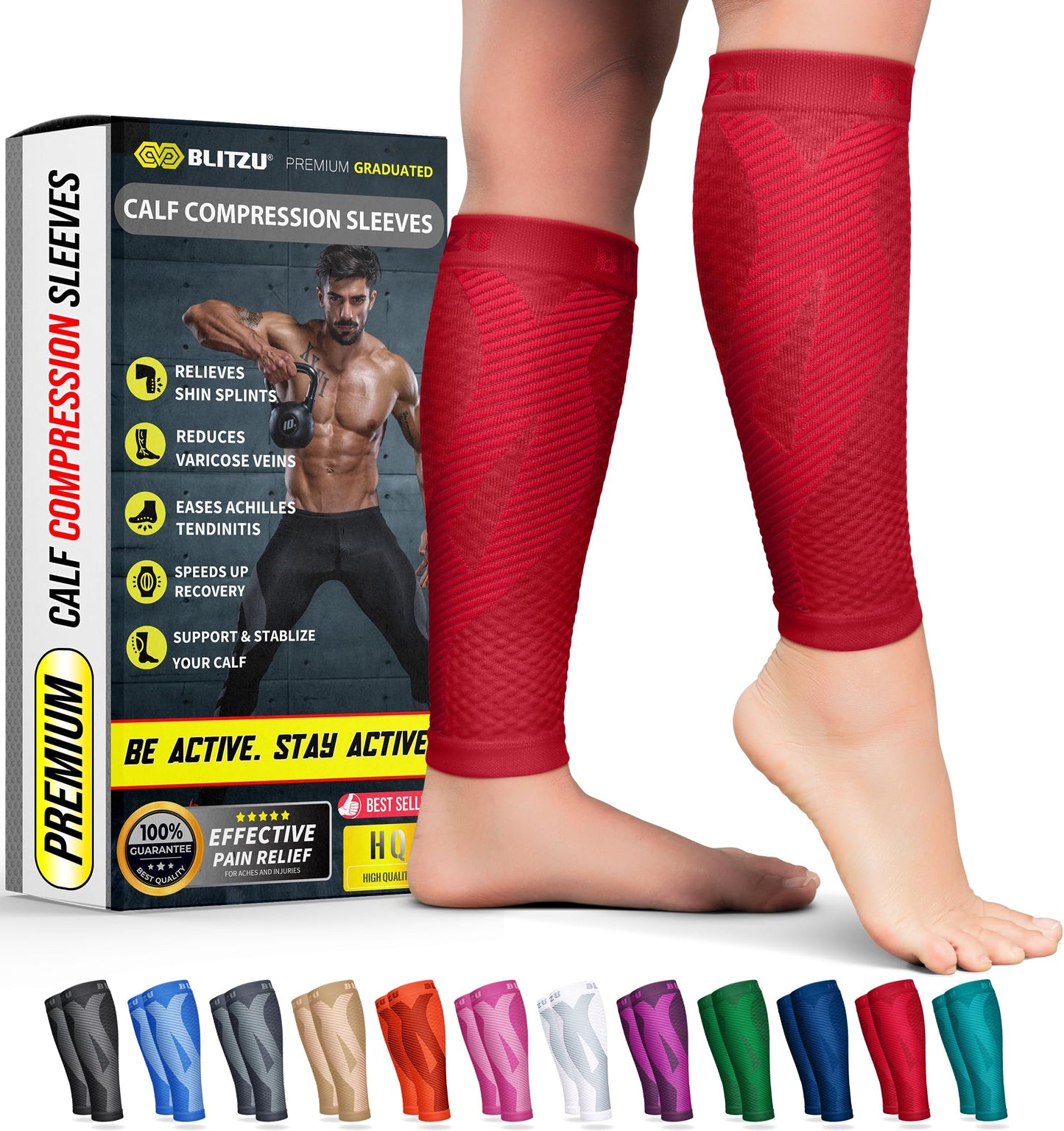 BLITZU Calf Compression Sleeves for Men and Women. Footless Compression Socks Support for Varicose Vein, Nursing, Running. Leg Sleeve Brace for Shin Splints, Pain Relief & Reduces Swelling Red S-M