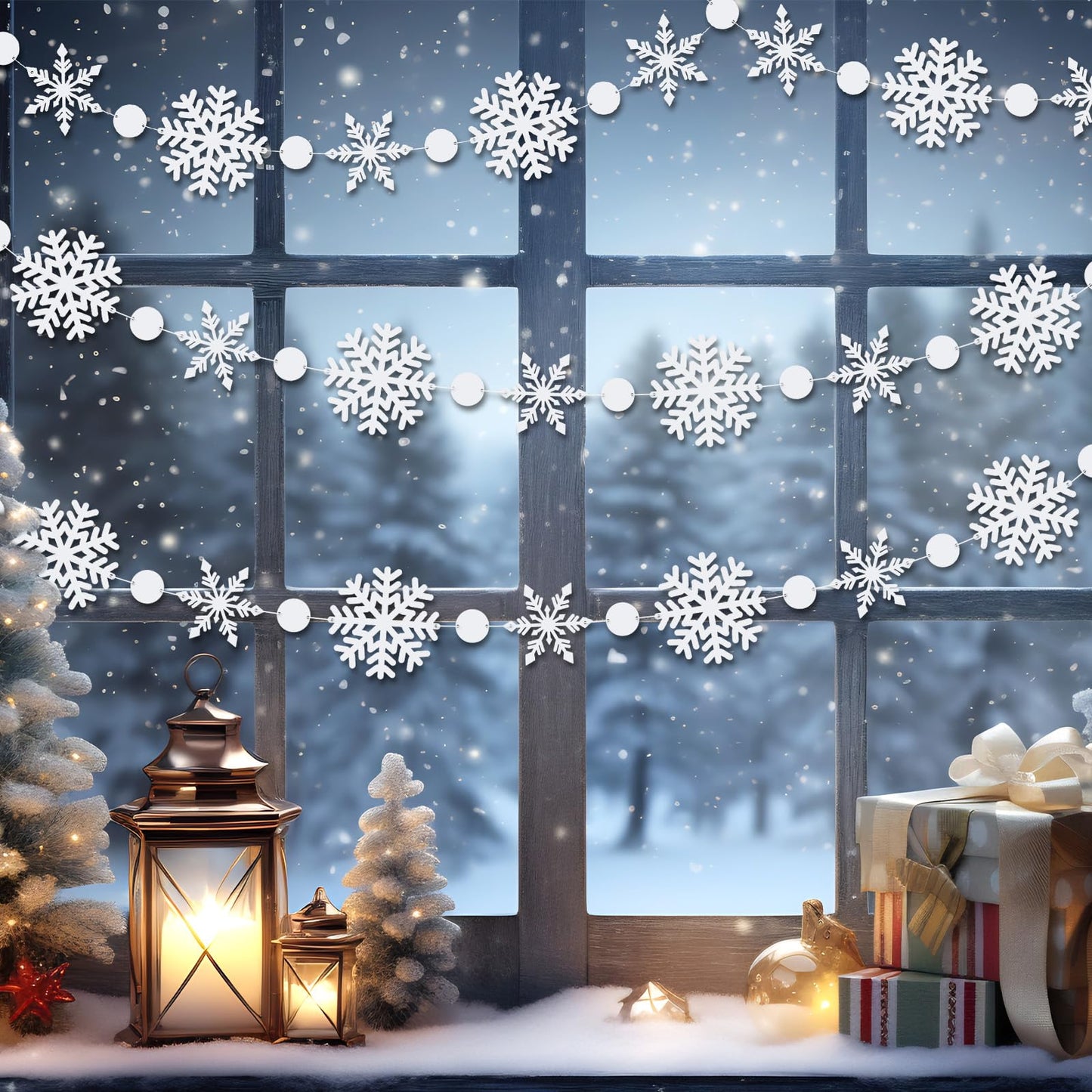 Jansun 4 Pack Winter Snowflake Felt Garlands, 32.8 Feet Christmas Tree Decorations White Snowflake Garland Ornaments for Winter Home Outdoor Party Hanging Decor Supplies