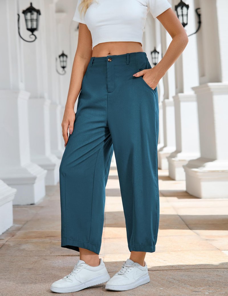 Tanming Womens Linen Pants Casual Capri Baggy Wide Leg Trousers Palazzo Pants Beach Vacation Outfits (Blue-S)