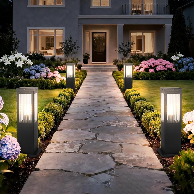 Outdoor Landscape Path Light Stainless Steel Waterproof Bollard Lighting Hardwired E26 Glass Post Pillar Lights Black Modern Lawn Lighting Outside House Pathway Lamp For Garden Patio Yard Street Light