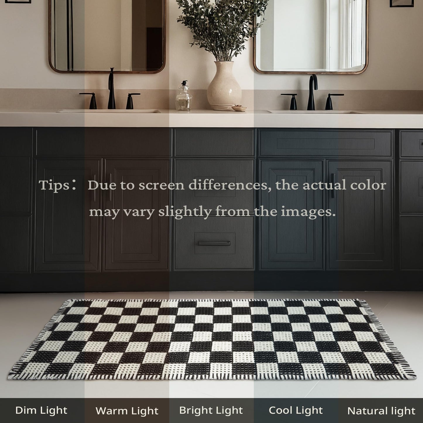 MatEssenz Checkered Runner Rug 2'x4', Black and White Waffle Weave Long Bathroom Rug with Tassels, Non-Slip & Quick Dry Bath Mat for Double Vanity & Kitchen, Machine Washable Boho Decor