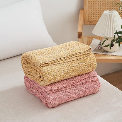 Longhui bedding Dusty Pink Knitted Throw Blanket for Couch, Soft, Cozy Machine Washable 100% Cotton Sofa Knit Blankets, 60 x 80 Inches Oversized, Pink and White Color, Laundry Bag Included