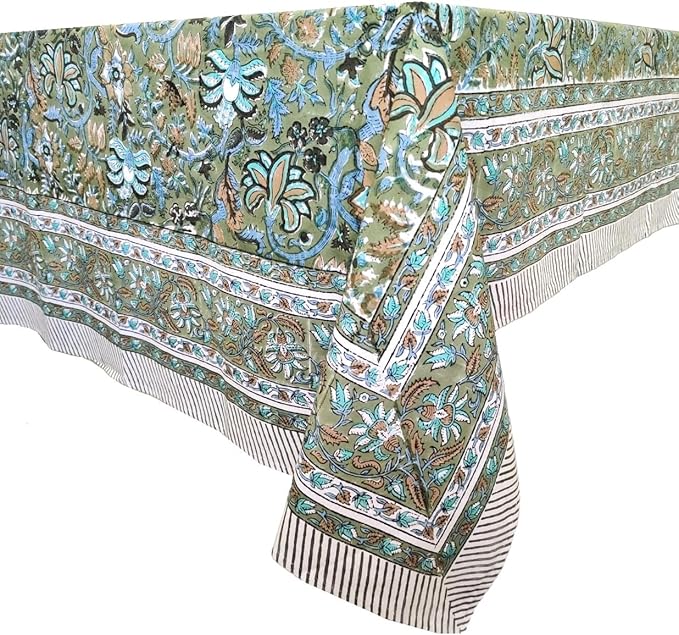 ATOSII Eden Green100% Cotton Boho Rectangle Handblock Print Floral Tablecloth I Dining Table Linen I Parties, Wedding, Outdoors, Thanksgiving I Spring Summer 60 X 90 Inches