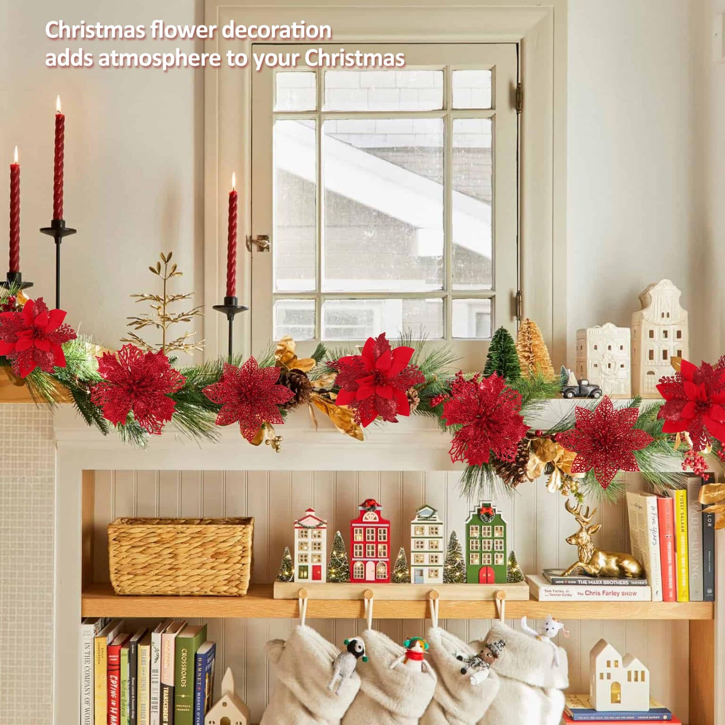 RECUTMS 66 Pcs 3 Styles Red Christmas Ornaments Christmas Glitter Poinsettia Flowers Artificial Christmas Tree Flower Decorations Wedding Wreath Floral Decorations (Red)