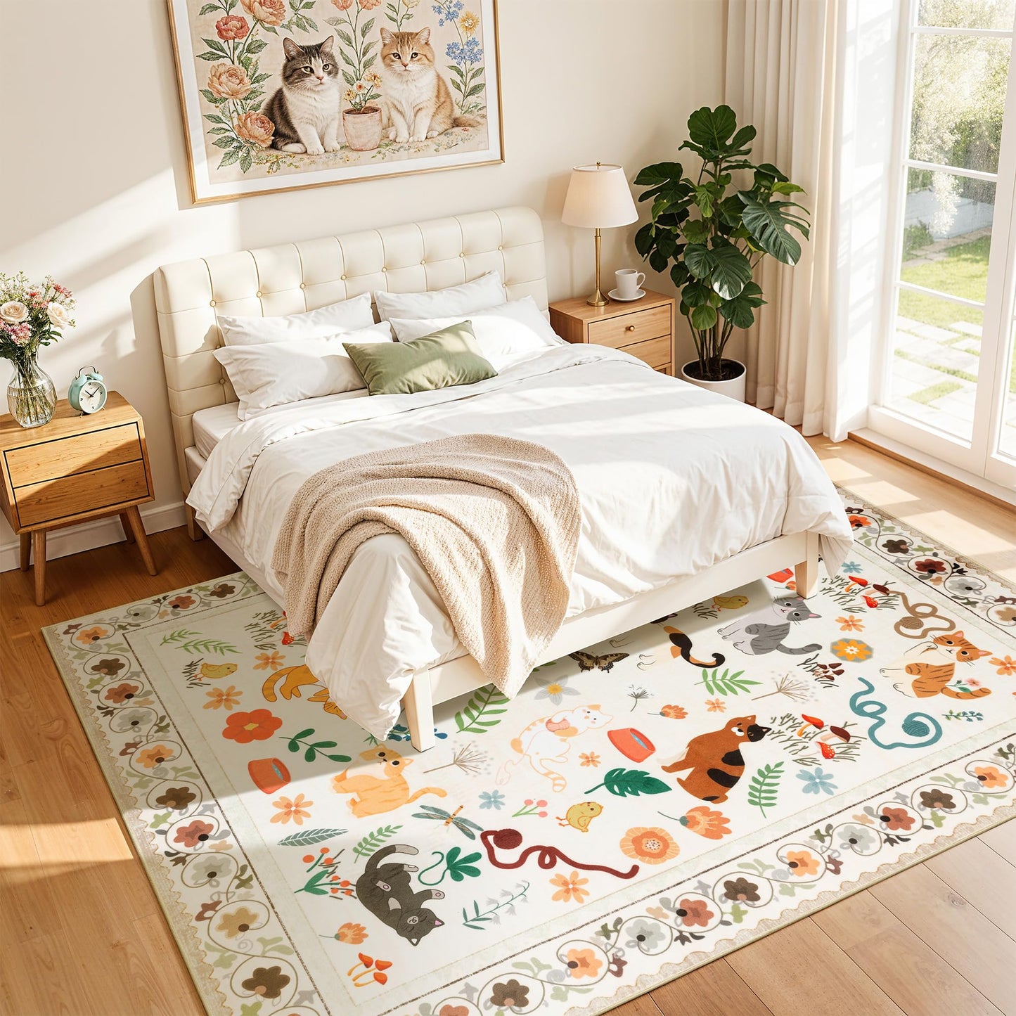 LIANLAM 5x7 Cat Lover's Area Rug, Washable Large Rug with Artistic Feline Design for Living Room & Bedroom, Pet Friendly Non-Slip Soft Carpet, Stain Resistant & Easy Clean(5x7,Beige)