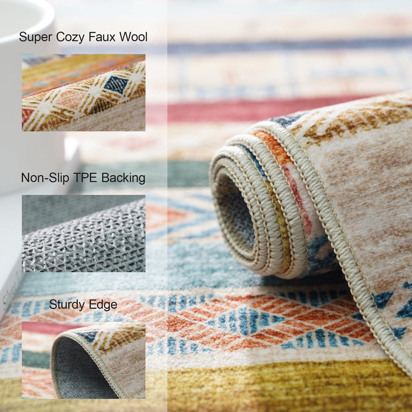 Puino 8x10 Washable Area Rug: Moroccan Large Neutral Boho Area Rug for Living Room & Bedroom Geometric Non-Slip Farmhouse Carpet for Living Room Colorful Stripe 8'x10'.