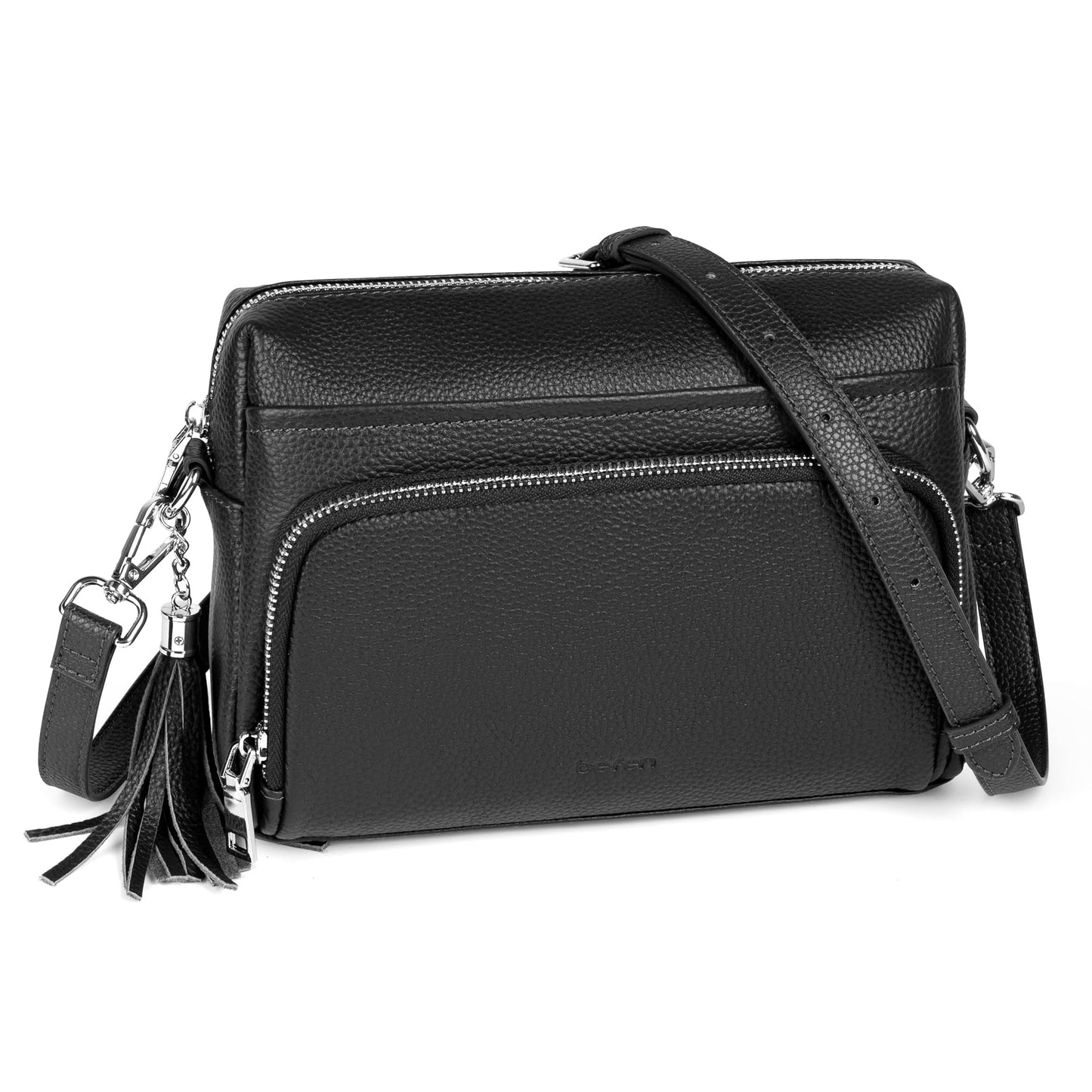 befen Black Genuine Leather Crossbody Bags for Women, Woman Anti-Theft Cross Body Shoulder Purse with Built in RFID Wallet