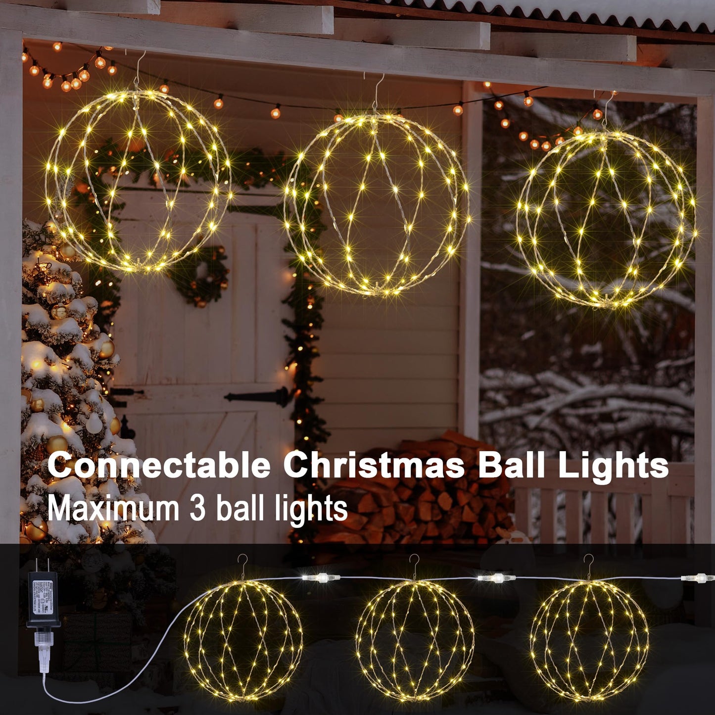 Lightshare 248LED 12IN+16IN+20IN Light Ball Yard Decoration Pathway Lights White Sphere Light Fold Flat Metal Frame Indoor Outdoor Waterproof Garden Lights, Plug in(Set of 3)