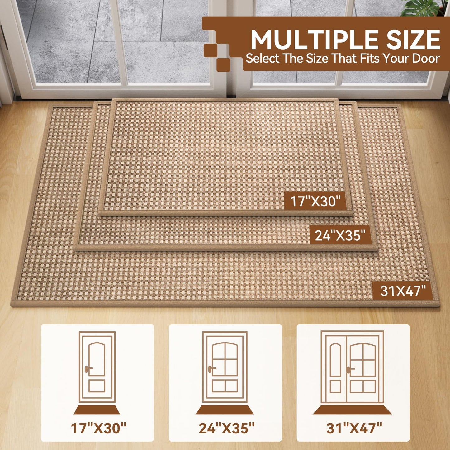 QiCaiJia Front Door Mat 17''x30'', Absorbent Dirt Resist Washable Non Slip Low-Profile Indoor Doormat, Easy Clean Entryway Welcome Door Mats, Brown