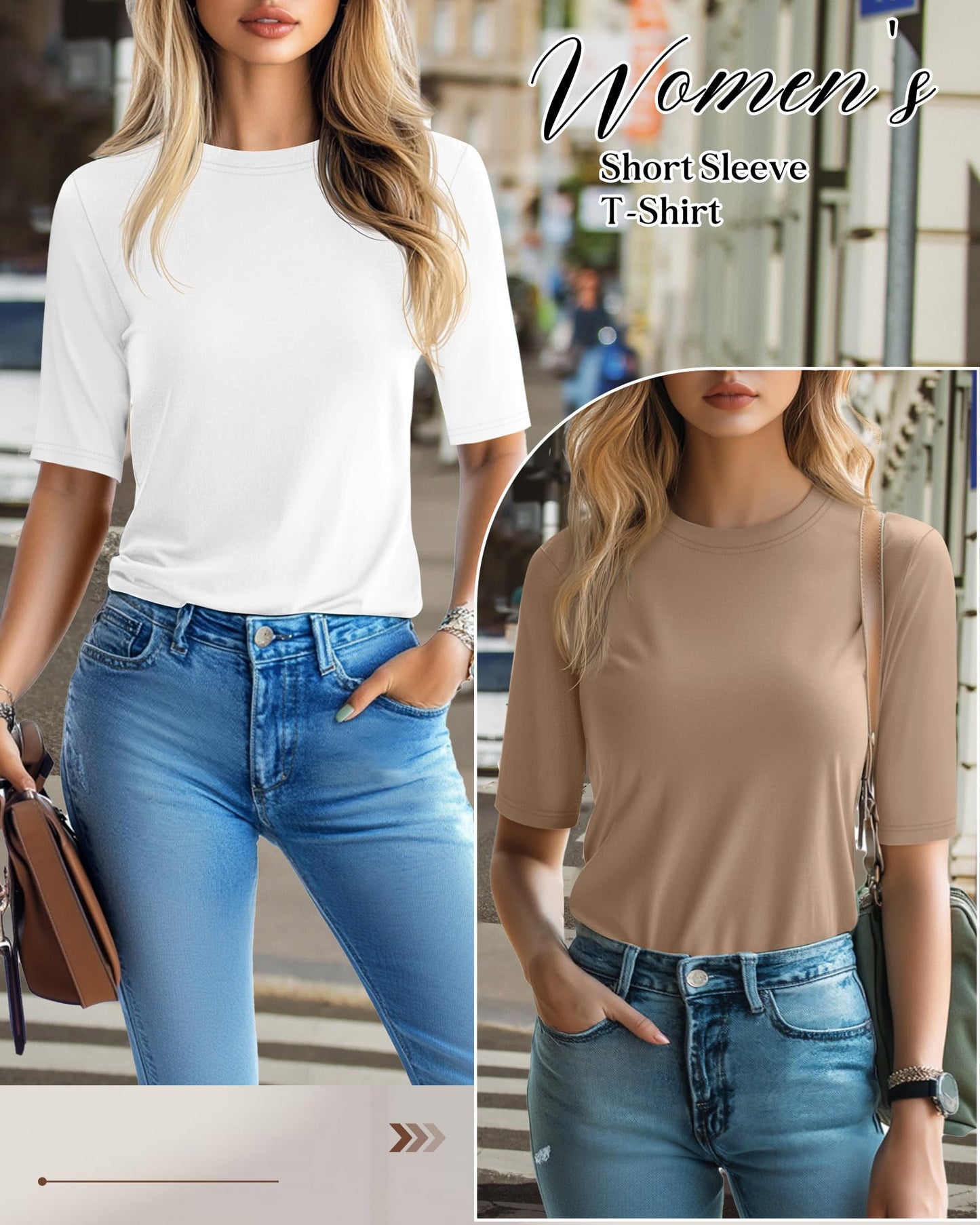 Riyiper 3 Pack Women's 1/2 Sleeve Tops Half Length Sleeve Cotton Crewneck T Shirts Slim Fit Casual Elbow Summer Basic Tees(Black, White, Khaki,S)