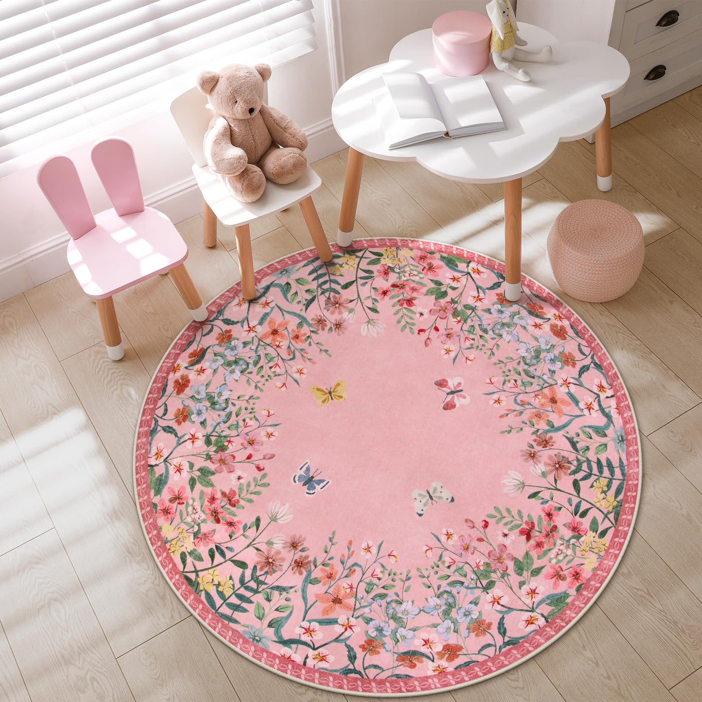 Wonnitar 5ft Round Washable Area Rug, Pink Floral Nursery Rug, Low Pile Soft Circle Rug for Kids Playroom, Boho Flower Accent Carpet, Girls Room Vanity Decor (5ft Round Pink)
