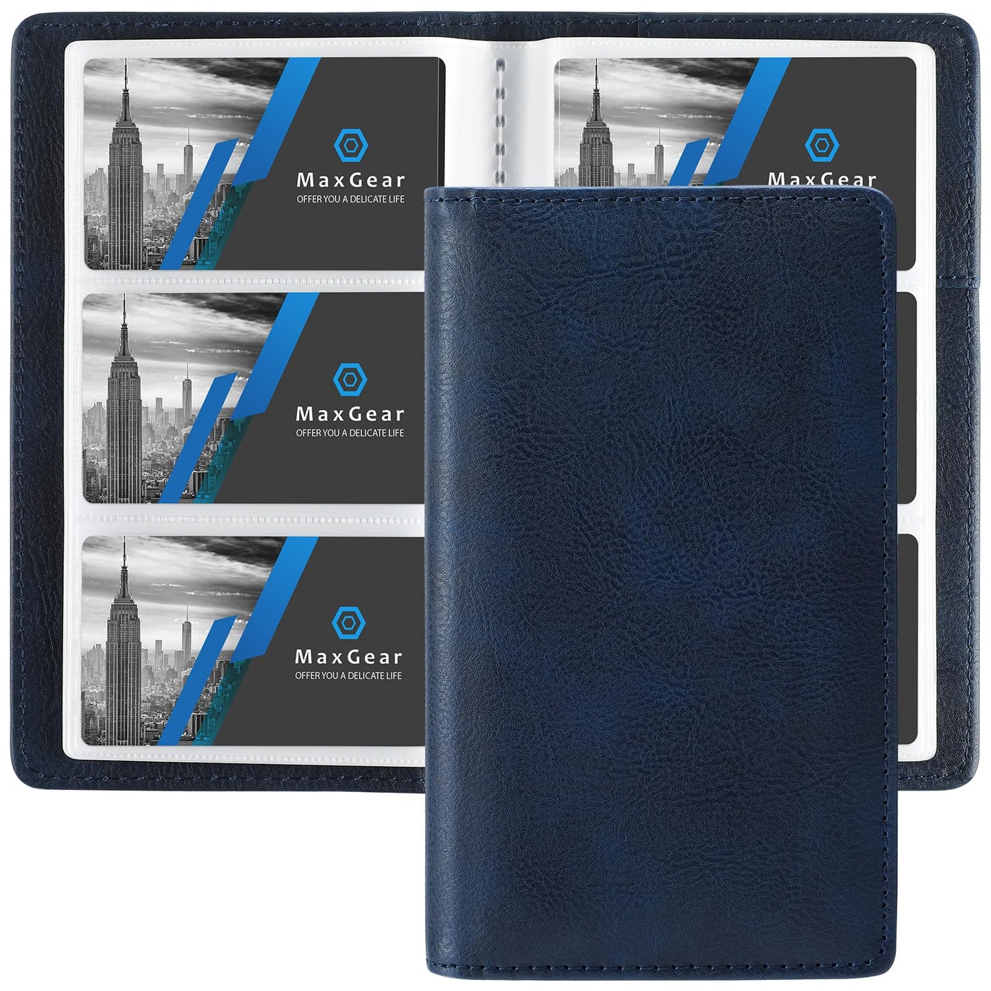 MaxGear Business Card Organizer Book, Holds 240 Cards, Portable PU Leather Business Card Holder with Clear Sleeves, Professional Card Binder for Office, Meetings, Networking, Blue
