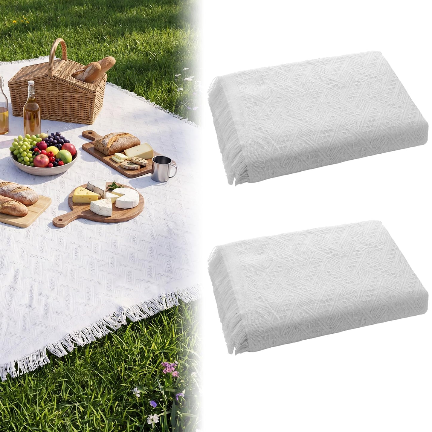 Chicplaid 2 Pack White Coffee Extra Large Picnic Blanket, Outdoor Picnic Mat, Woven Boho Large Beach Blanket with Fringe for Park, Camping, Lawn or Wedding Photoshoot (71 x 91 Inches)