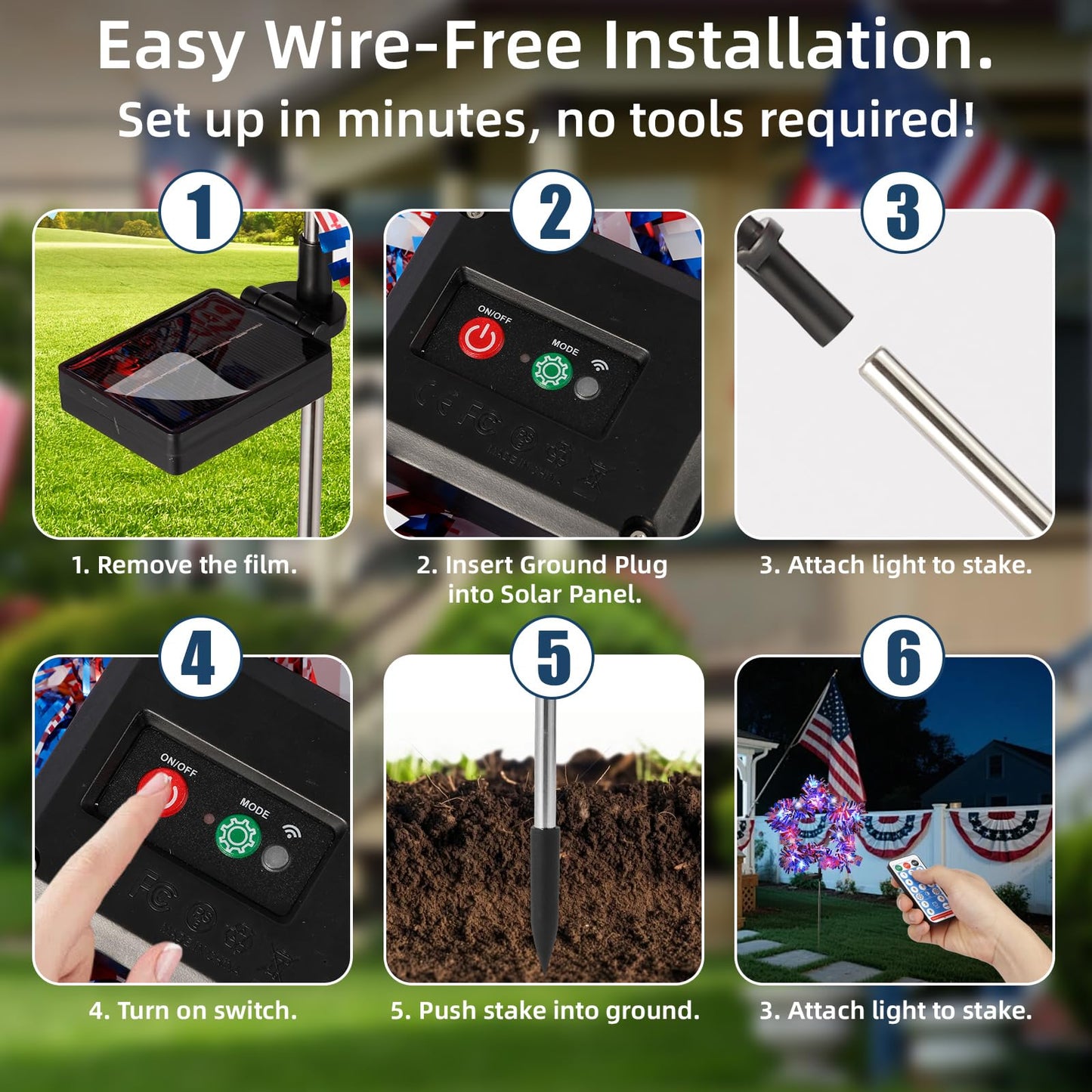 Kaitesla 2 Pack July 4th American Flag Solar American Flag Lights July 4th Solar Patriotic Flag Lights, 8 Modes Garden Pile Lights 50 LED Garden Landscape Lights Street Lights (Red White & Blue)