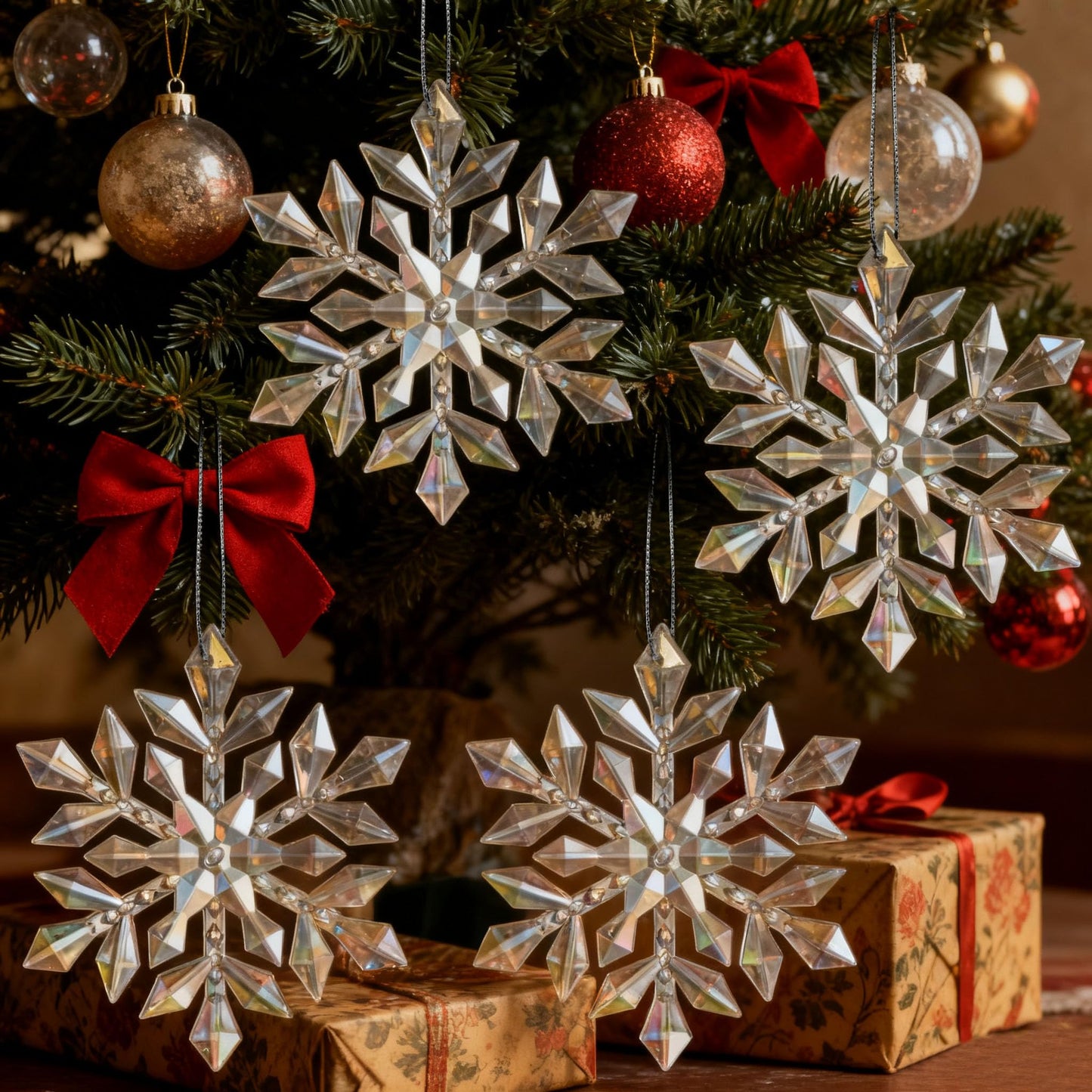 4pcs Hanging Snowfake Decorations Acrylic Snowflakes Ornaments Window Snowflake Plastic Hanging Ornament Christmas Tree Indoor Outdoor Holiday Decor