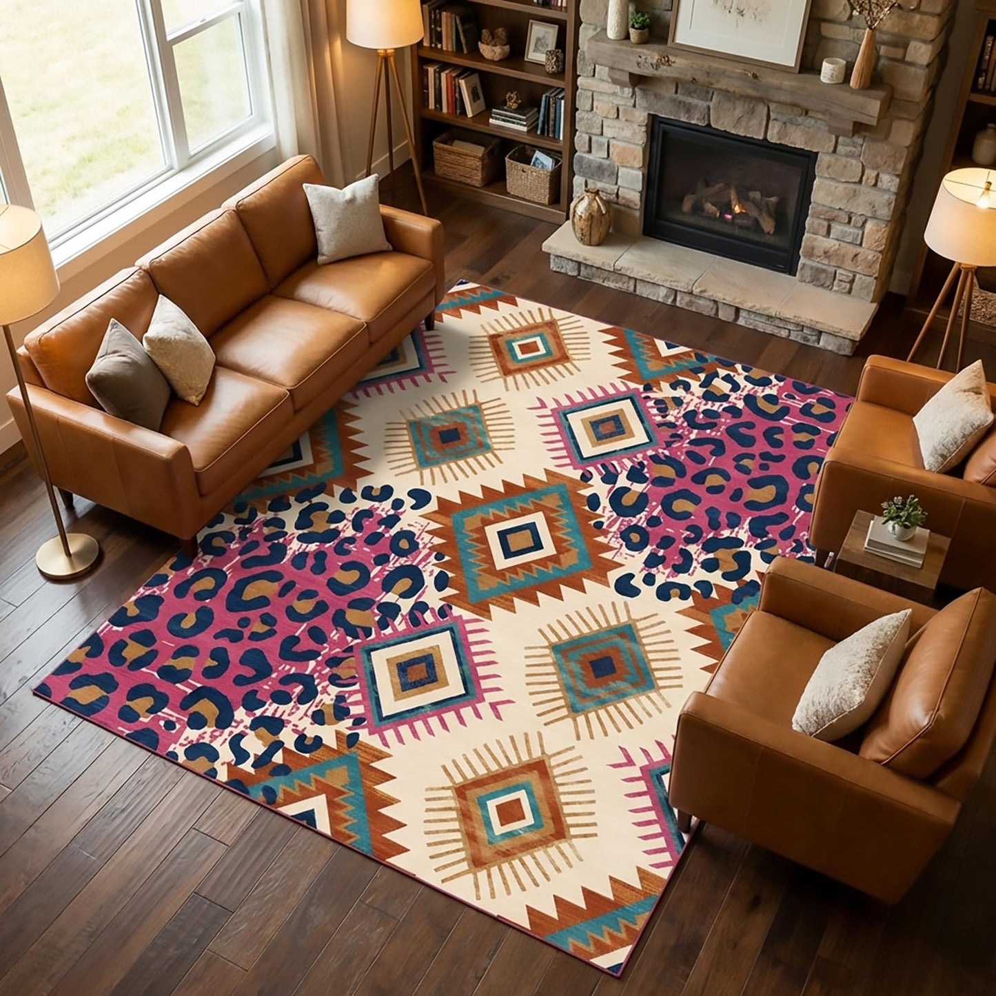 GraceSway 5x7 Area Rug, Southwestern Geometric and Cheetah Leopard Print Patchwork Design, Faux Cashmere Ultra Soft Short Pile, Washable & Non-Slip Backing, Indoor Carpet for Living Room Bedroom