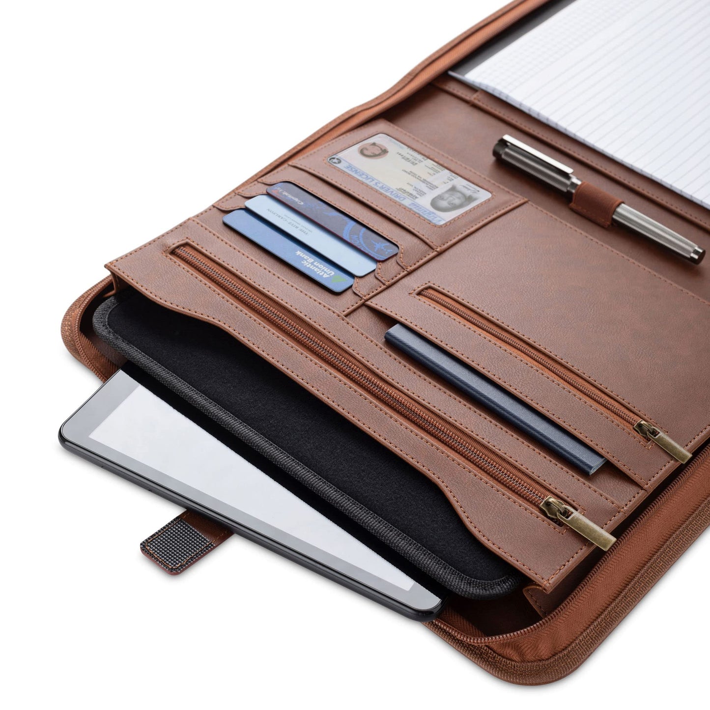 Forevermore Portfolios Padfolio Binder - Professional Faux Leather Travel Organizer Pouch for Tablet, Documents, Presentation Folders, Zipper Closure, Notepad - Brown