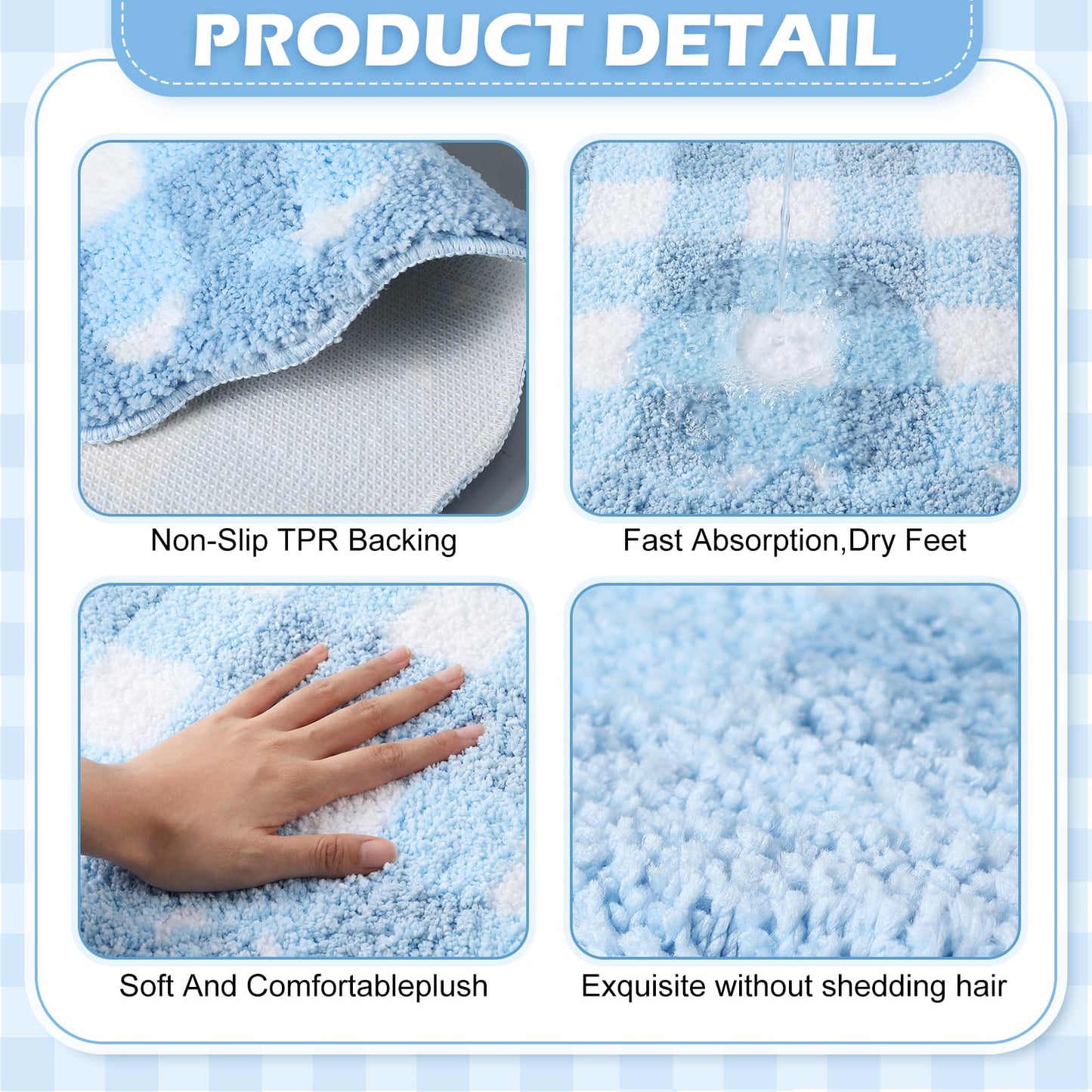 Dunzy Blue Scalloped Gingham Bathroom Mat 16" x 24" Non Slip Coquette Checkered Cute Aesthetic Bath Rug Preppy Room Decor Microfiber Absorbent Carpet for Bathtub Shower Bedroom