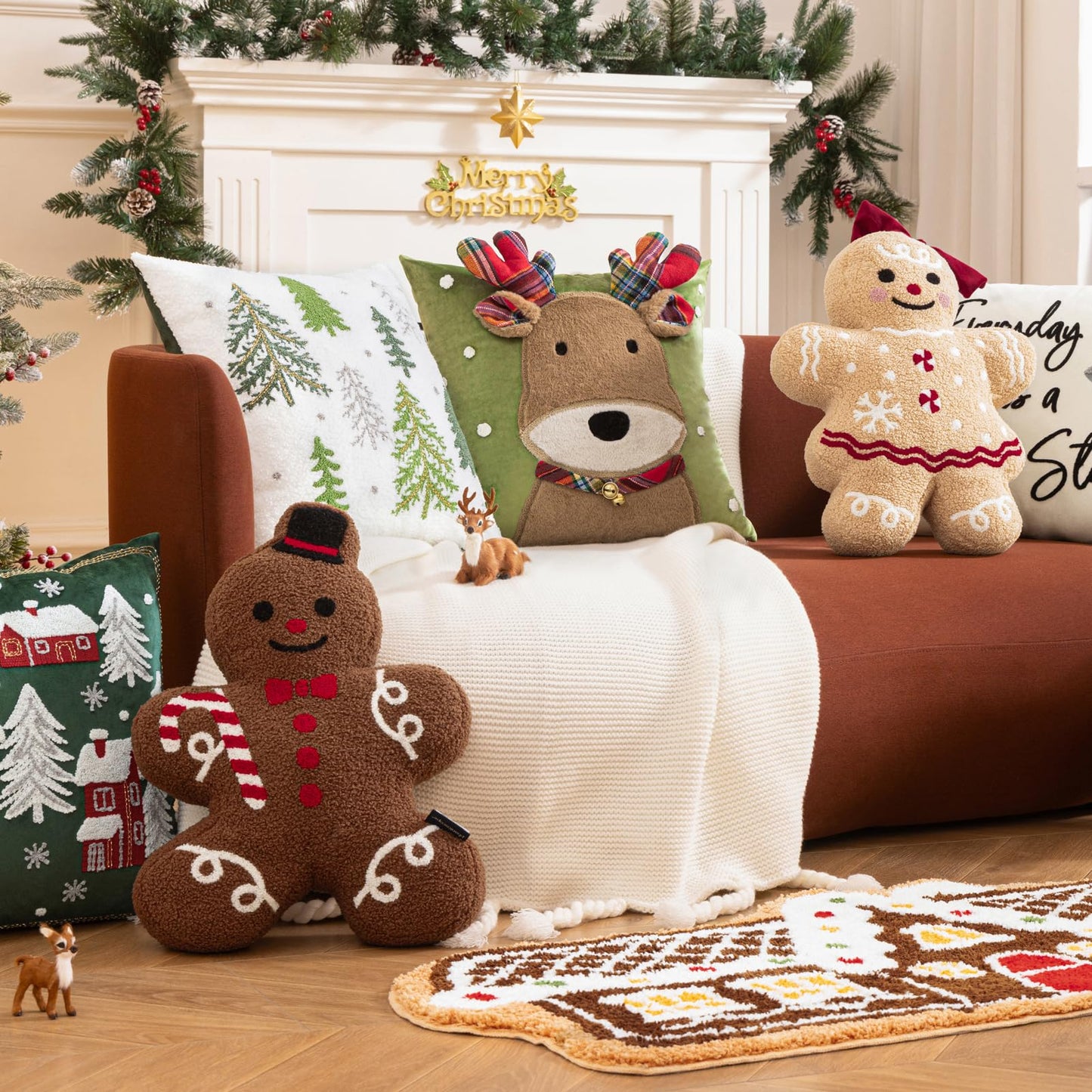 Phantoscope Gingerbread Series Merry Christmas Throw Pillow, Plush Teddy Sherpa Xmas Gingerbread Girl Shaped Christmas Decorative Pillow with Bow for Couch Living, Bedroom, Beige, 13x18 inches