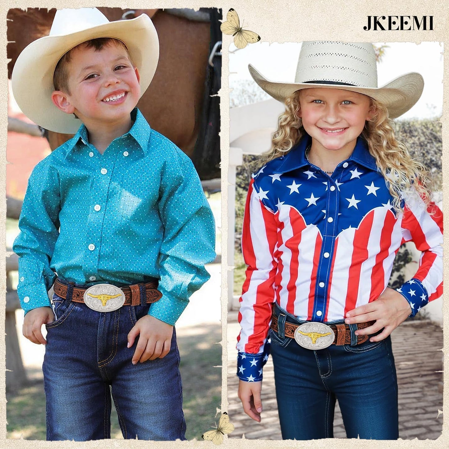 JKEEMI Kids Western Belt for Boys Girls, Embossed Genuine Leather Cowboy Cowgirl Belt for Jeans Pant Dresses Gift