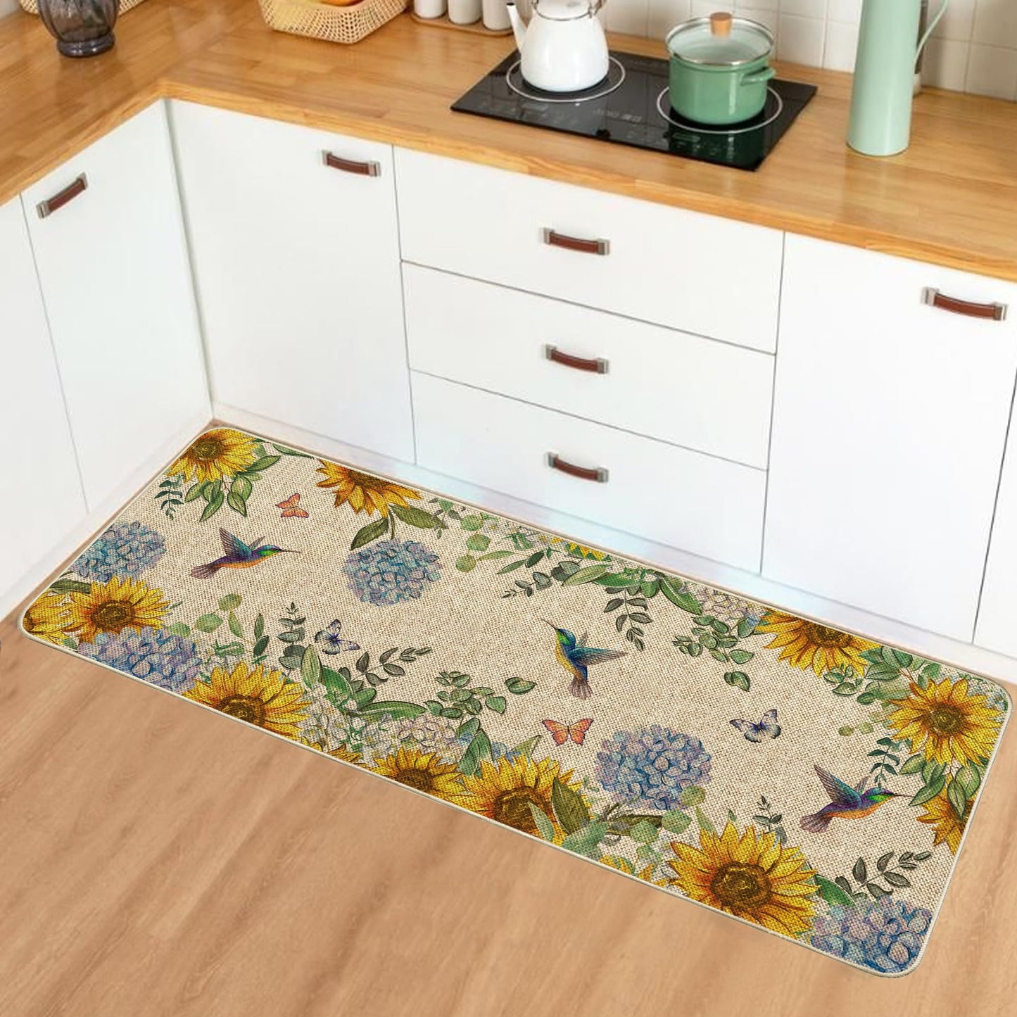 Tikeciti Spring Summer Sunflower Blue Hydrangea Kitchen Mats Set of 2, Butterflies Kitchen Rugs Seasonal Hummingbirds Holiday Floor Non-Slip Low Profile Mat Farmhouse Home Decor 17x29 and 17x47 Inch