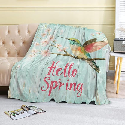 Bird Hello Spring Fleece Blanket - 40x50in Colorful Hummingbird and Cherry Blossom Throw Blankets,Soft Cozy Lightweight, Ideal for Bed Living Room Home Rustic Decor and Girls Women Gifts