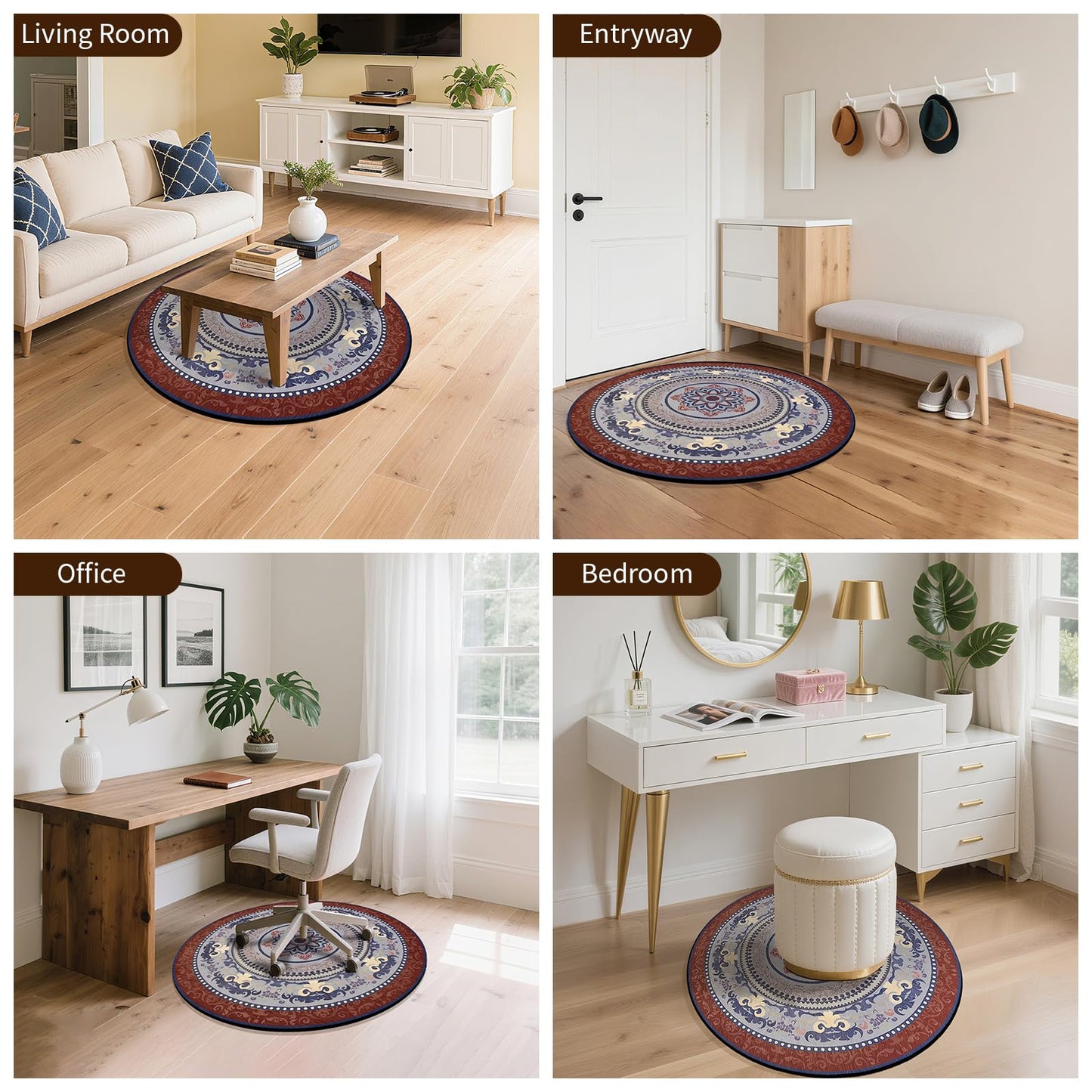 Washable Round Area Rug, 3ft Ultra-Thin Non-Slip Floor Mat, Vintage Boho Carpet for Living Room Bedroom Dining Room Office Hallway Entryway