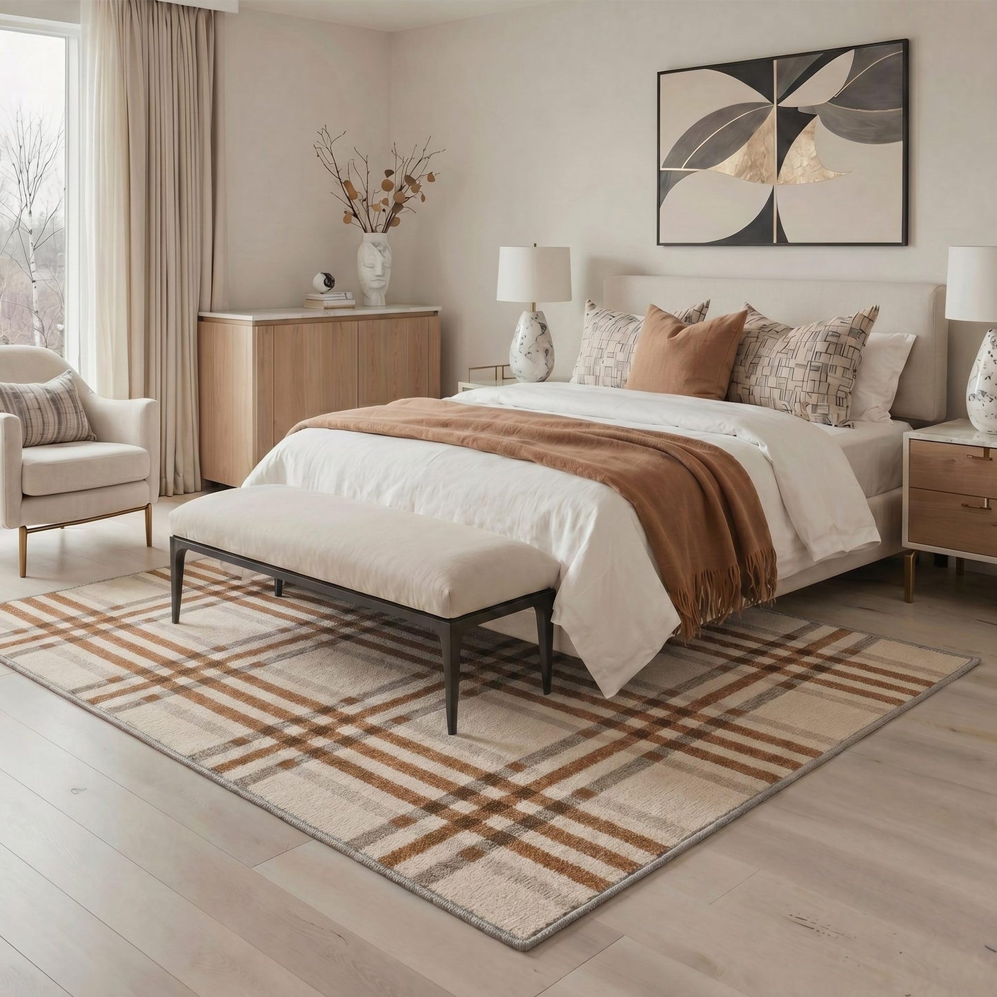 Bavni 5X7 Area Rugs, Minimalist Plaid Low Pile Non Slip Machine Washable Stain Resistant Indoor Rug for Living Room Bedroom Dining Room Home Office, Caramel Beige