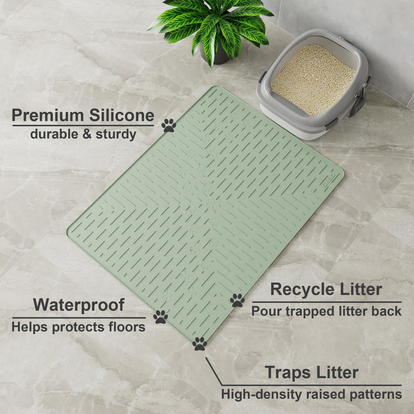 OHMO Cat Litter Mat Large Trapping Mat Premium Silicone Rubber 23.5x16 Sage Green, Waterproof and BPA Free Kitty Litter Box Mat, Easy to Clean and Keeps the Floor Tidy