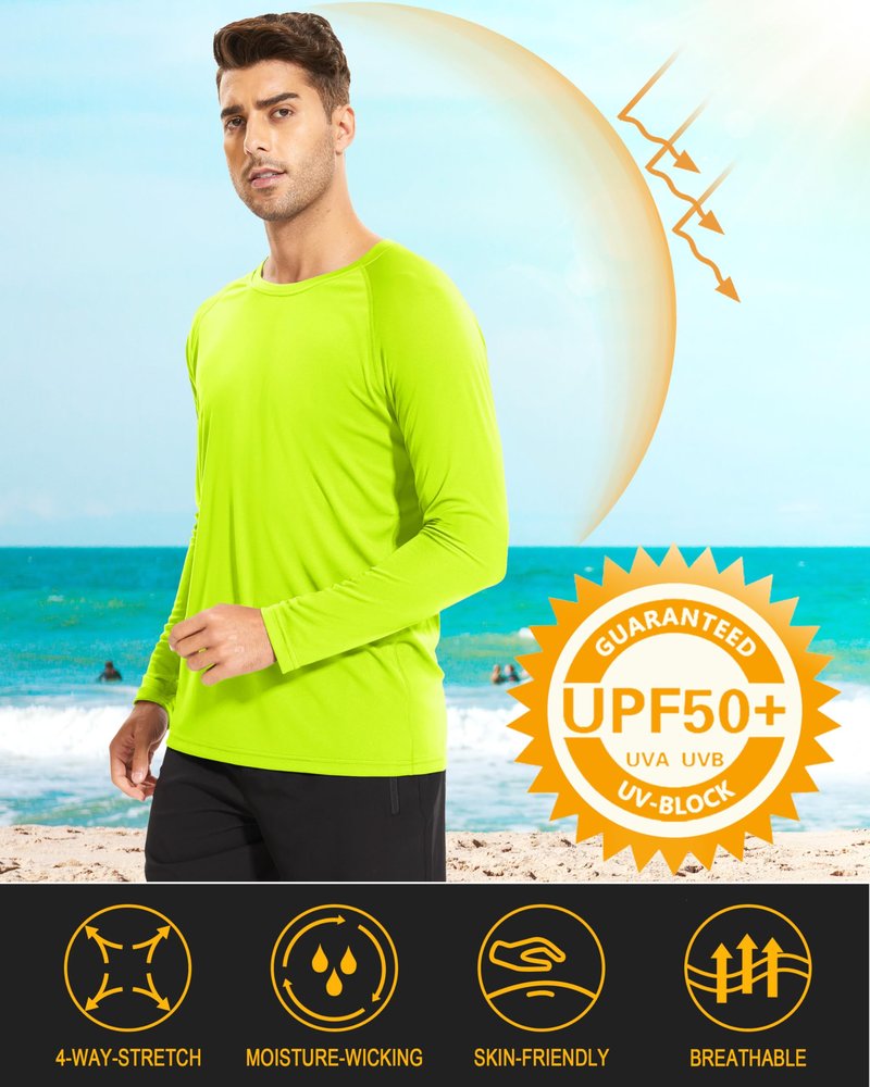 MAGCOMSEN Mens Swim Shirt Long Sleeve Shirts Hiking T Shirts Long Sleeve Workout Quick Dry Baselayer Shirt Rash Guard Men Fluorescent Green