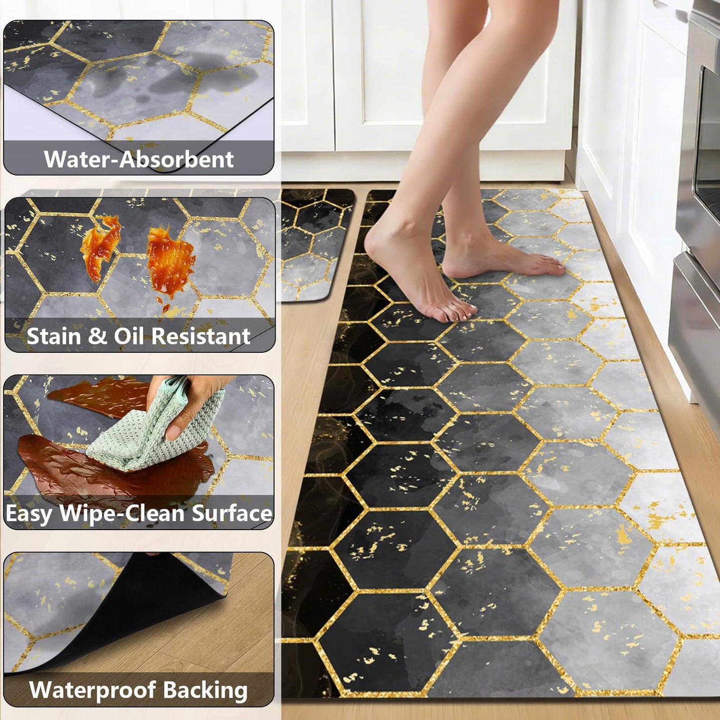 3-Piece Kitchen Rugs and Mats Set, Cushioned No-Slip Resistant Kitchen Mats for Floor, Luxury Gold Hexagon Geometric Comfort Floor Mats, Black Washable Runner Rug for Kitchen Sink, Laundry, Office