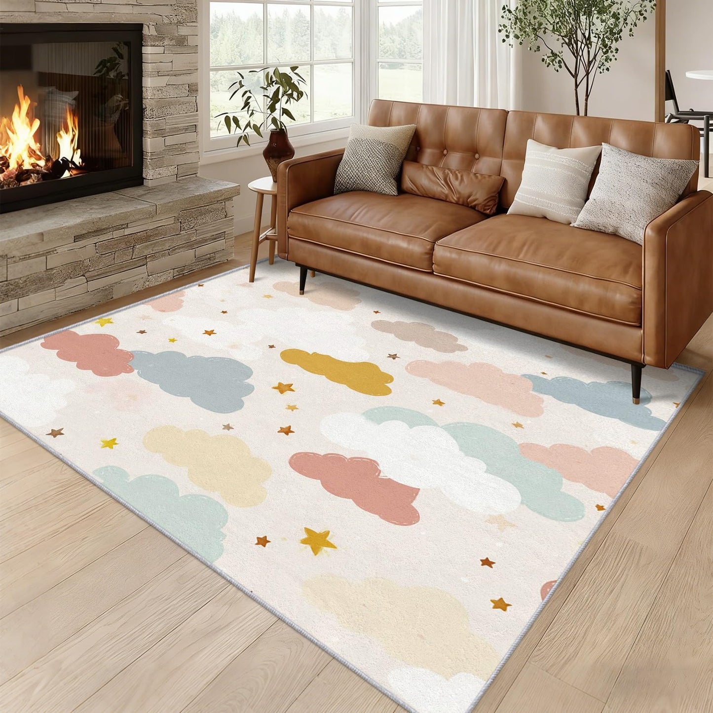 Cartoon Cloud Rugs for Home Decor, 8x10 ft, Kids Boys Girls Cloud Area Rugs for Living Room, Soft Non Slip Washable Cute Star Carpet Bedroom Decorations D-g17