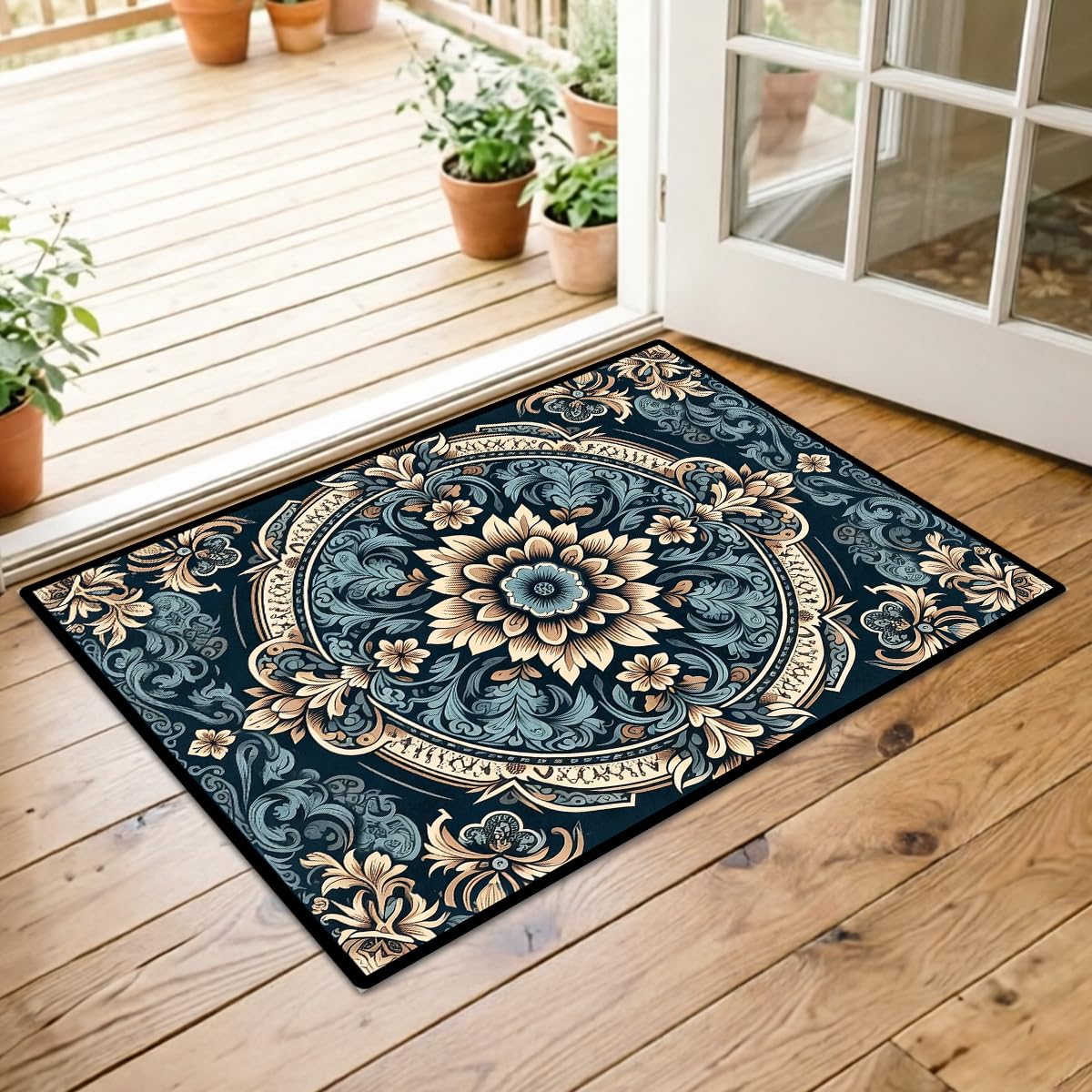Washable Corridor Runner Rug, Non-Slip Hallway Rug with Upgrade Rubber Backing, Stain Resistant Faux Wool Distressed Carpet for Bedroom Kitchen Laundry Corridor Balcony (Navy Blue‌, 35.4" x 23.6")