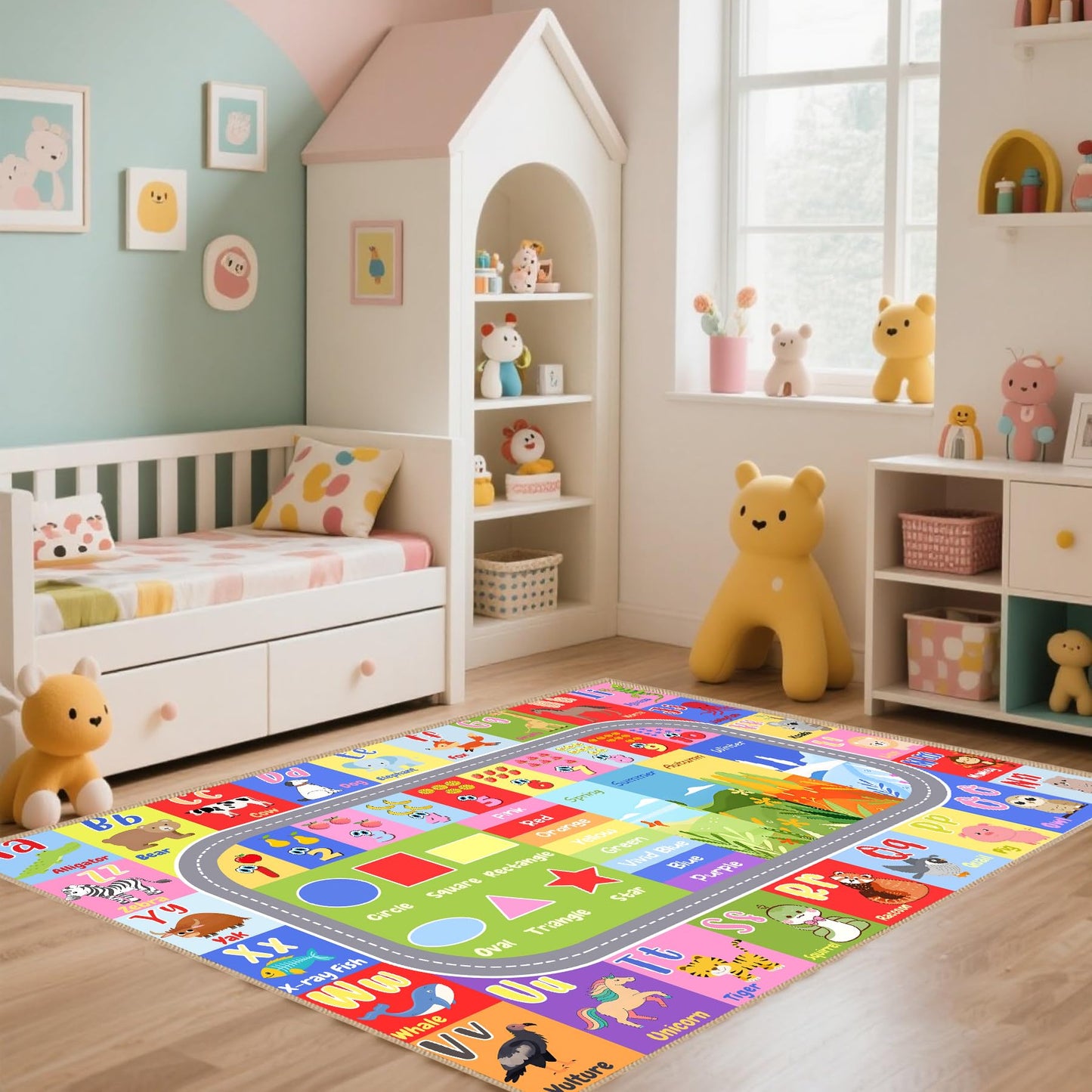 YukiSoul Farm Map Playmat Rugs for Kids, Game Rug with Anti-Slip Rubber Backing, Cute Animal Farming Game Road Map Play Mat Nursery Rugs for Children Bedroom Playroom 5x7 Ft.