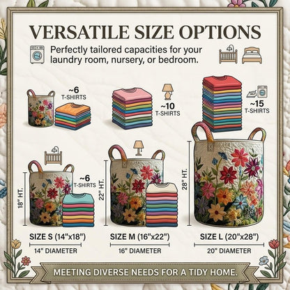 Quilted Laundry Baskets, Large Floral Boho Fabric Storage Hamper with Handles, Collapsible Soft Clothes Organizer Tote for Nursery House Styling, Portable Bedroom Washing Container