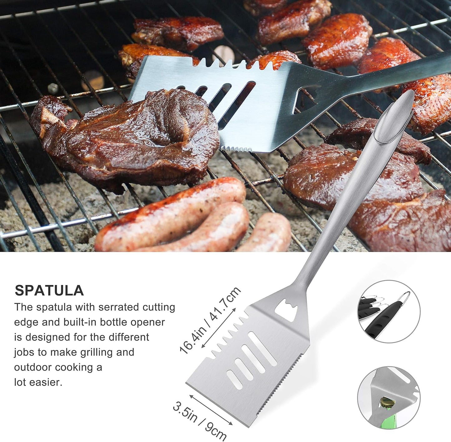 grilljoy 8PCS BBQ Grill Tools Set with Extra Thick Stainless Steel Spatula, Fork, Tongs & Cleaning Brush - Complete Barbecue Accessories Kit with Portable Bag - Perfect Grill Gifts for Father's Day