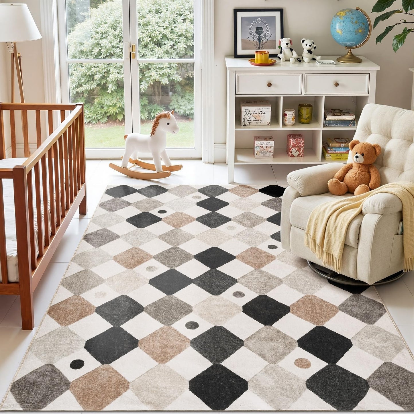 jinchan Macy 5x7 Area Rug for Kids Room Black and White Modern Colorful Nursery Rug Checkered Diamond Play Mat Washable Soft Non Slip Carpet for Playroom Classroom Bedroom Living Room Marble on Cream