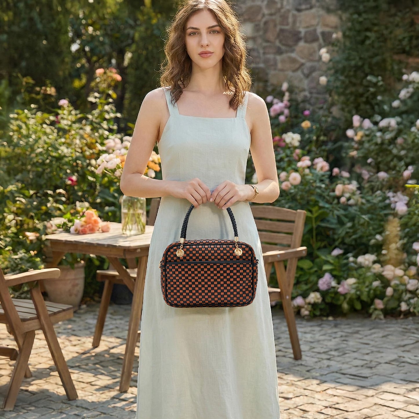 Woven Crossbody Bags for Women, Vegan Leather Two-Tone Satchel with Braided Top Handle, Structured Checkerboard Shoulder Purse with Adjustable Strap
