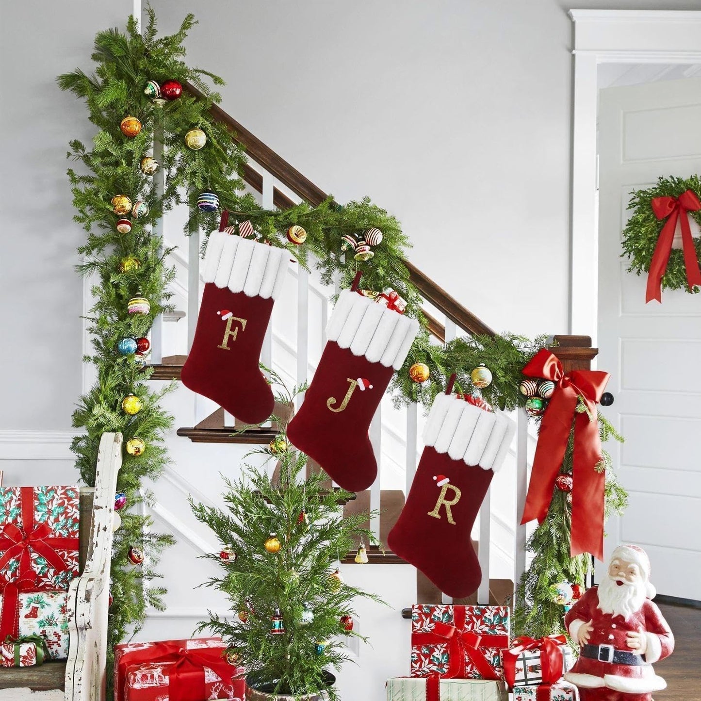 Yehnois 20 Inch Personalized Christmas Stocking,Red Velvet with Embroidered Initial,Holiday Xmas Party Decor Letter M