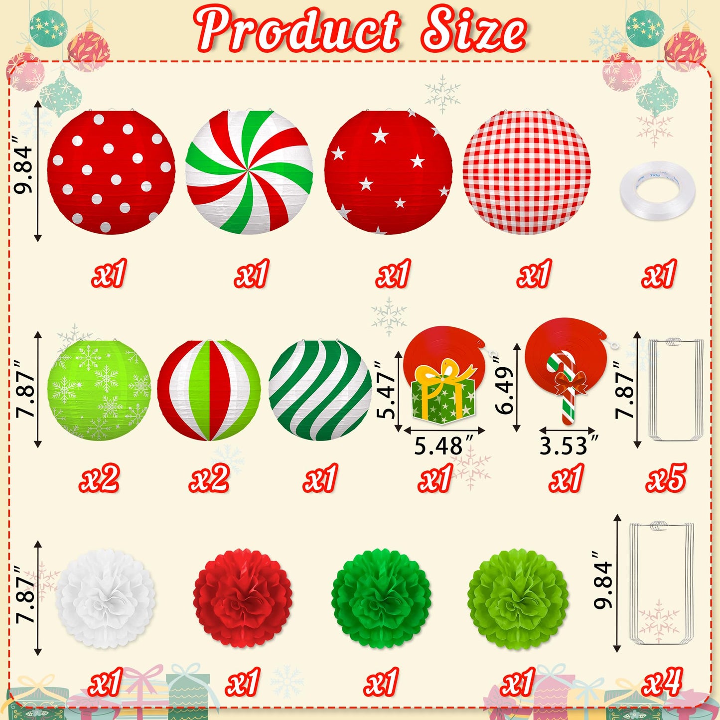 Renbuzhu 15PCS Christmas Decorations Ornaments Set – 9 Red White Green Paper Lanterns, 4 Pom Poms, 2 Hanging Swirls for Indoor, Home, Xmas Party, Porch Decor