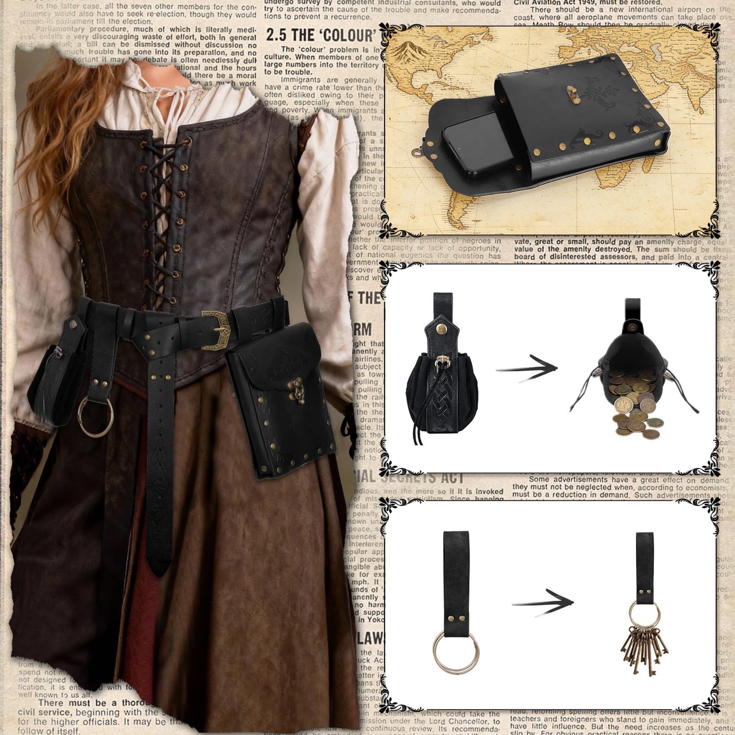 Luazuri Viking Embossed Renaissance Belt Pouch, Vintage Medieval Faux Leather Pirate Belt Pack,Retro Portable Belt Bag For LARP Ren Faire. (Black C)