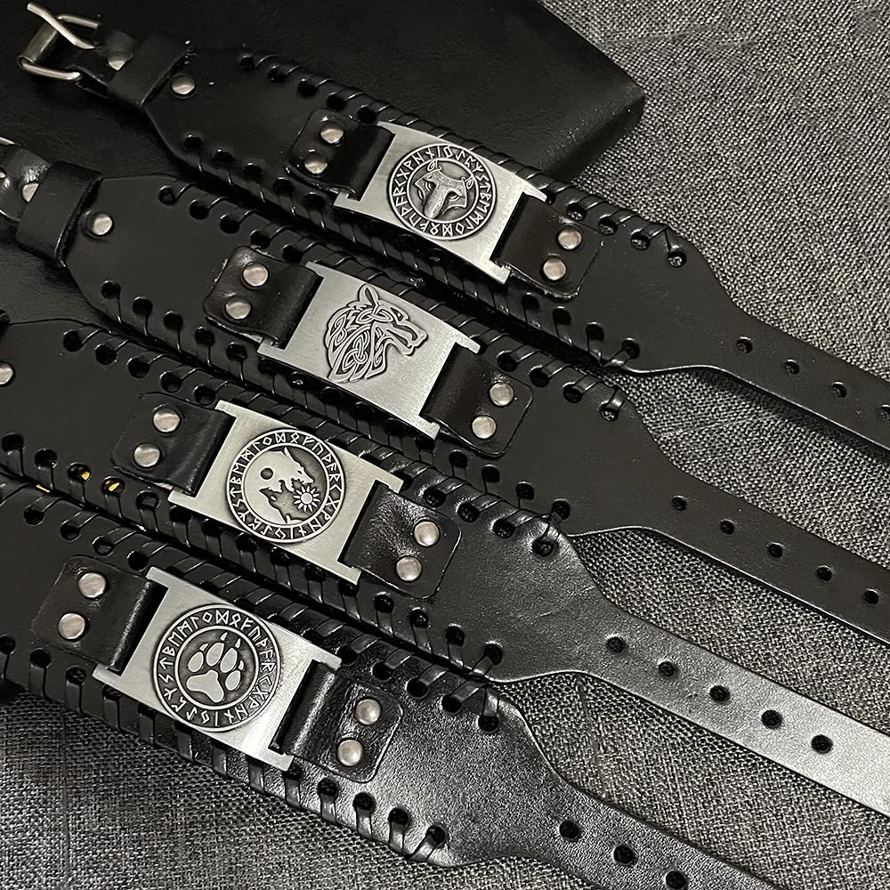 TURTLEDOVE 4 PCS Viking Leather Bracelet - Medieval Leather Cuff Wristband of Wolf Fenrir