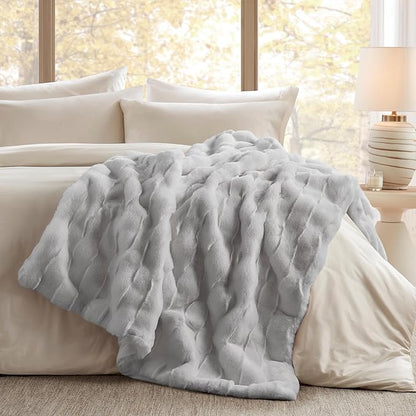 Madison Park Luxuriously Cozy Soft Long Faux Fur Basketweave Blanket, Reversible Soft & Snuggly Velvet Throw, Lightweight, Breathable, All Season, Trendy Room Décor, 50x60, Light Grey